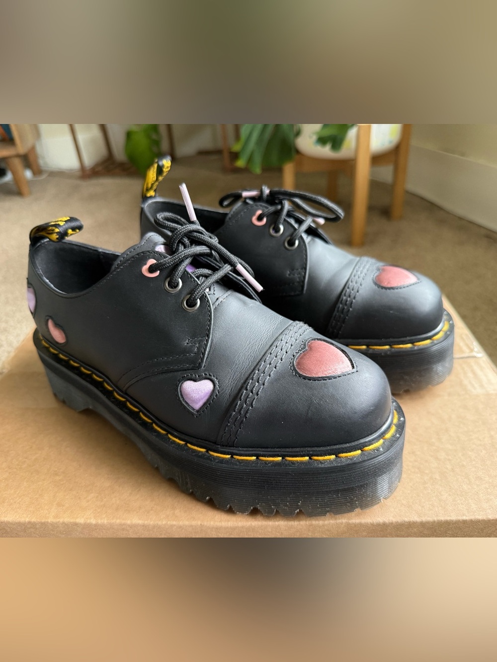 Dr. Martens Black 1461 quad leather heart platform shoes